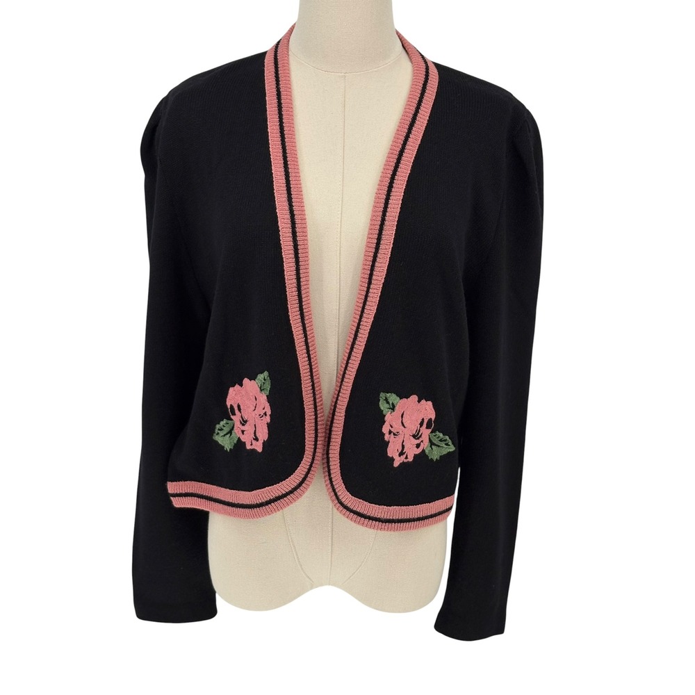 Leslie Fay Vintage Cardigan Black Pink Floral Embroidered Puff Sleeve 14